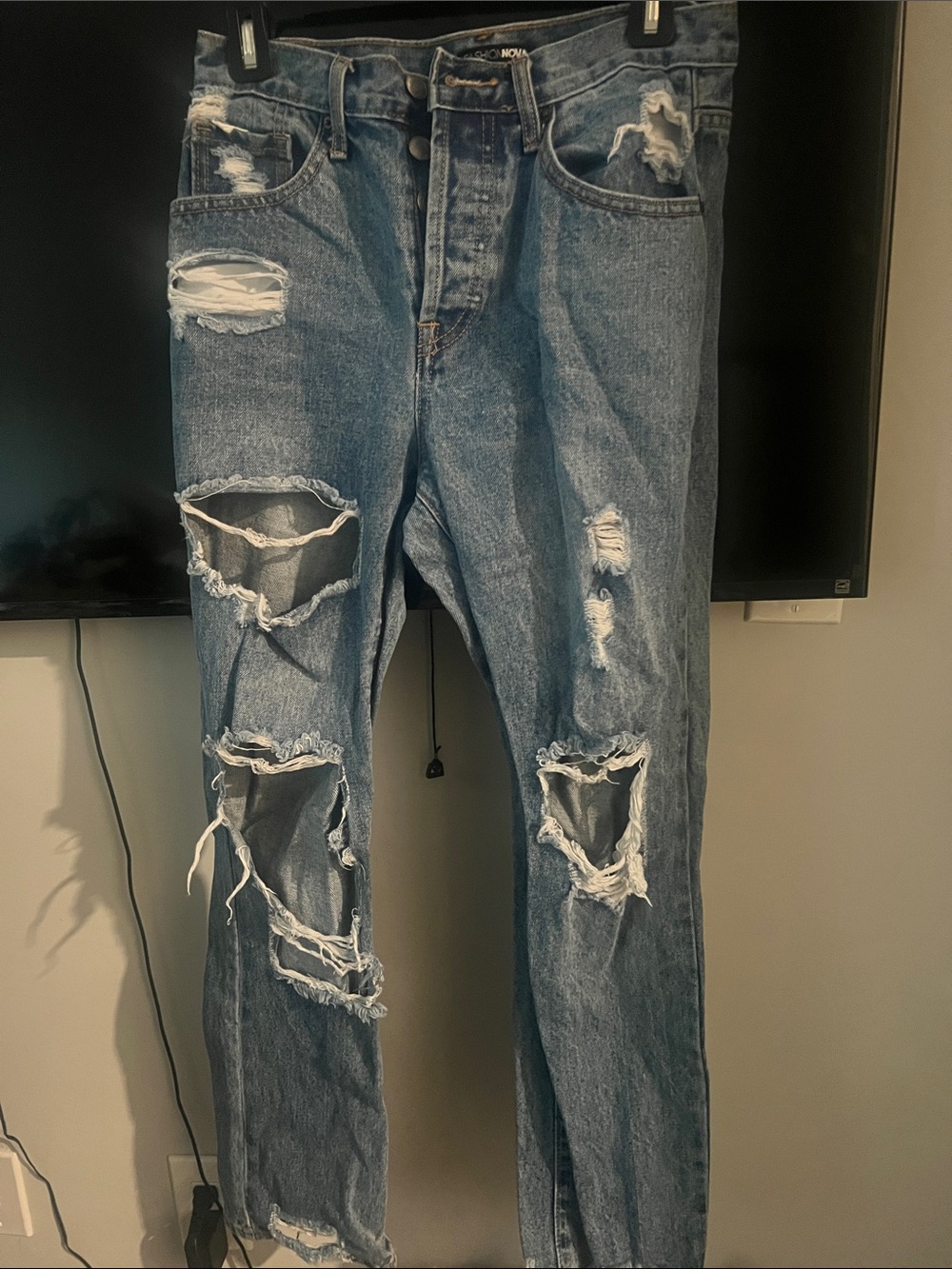 Fashion Nova Distressed Light Blue Straight Leg Jeans